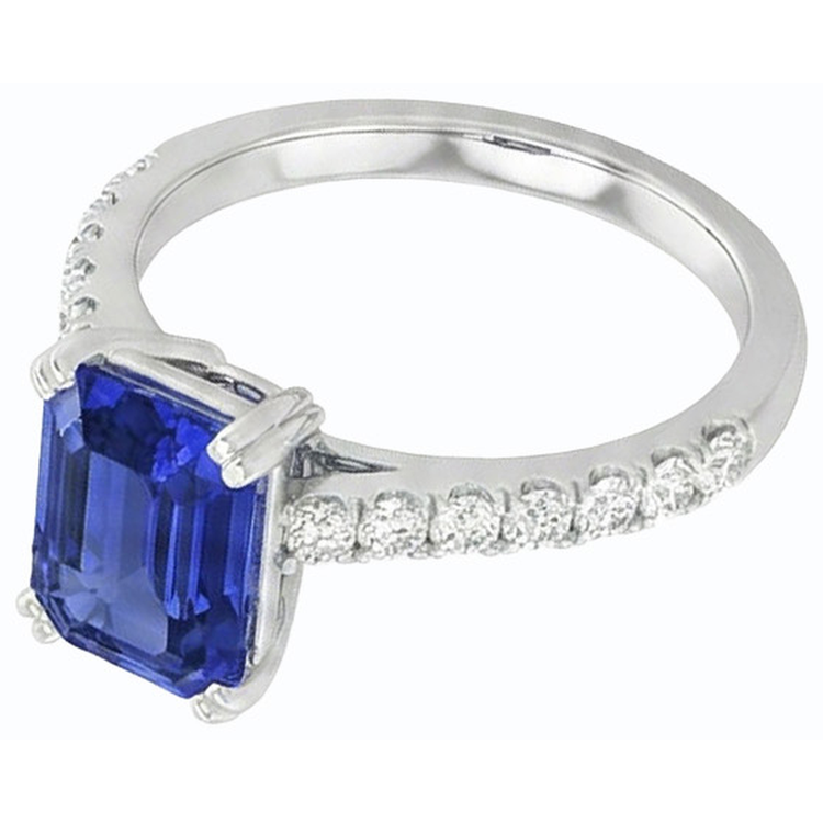 Bague Solitaire Saphir Bleu Emeraude & Pavé Diamants 3.50 Carats