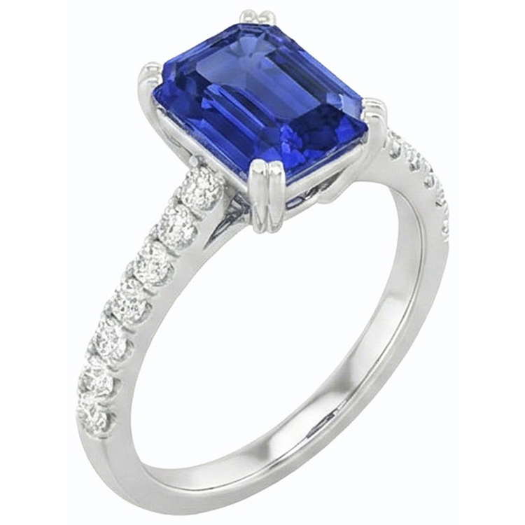 Bague Solitaire Saphir Bleu Emeraude & Pavé Diamants 3.50 Carats