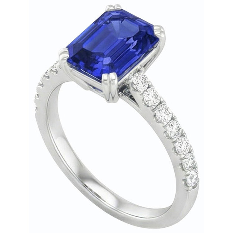 Bague Solitaire Saphir Bleu Emeraude & Pavé Diamants 3.50 Carats