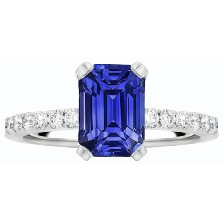 Bague Solitaire Saphir Bleu Emeraude & Pavé Diamants 3.50 Carats