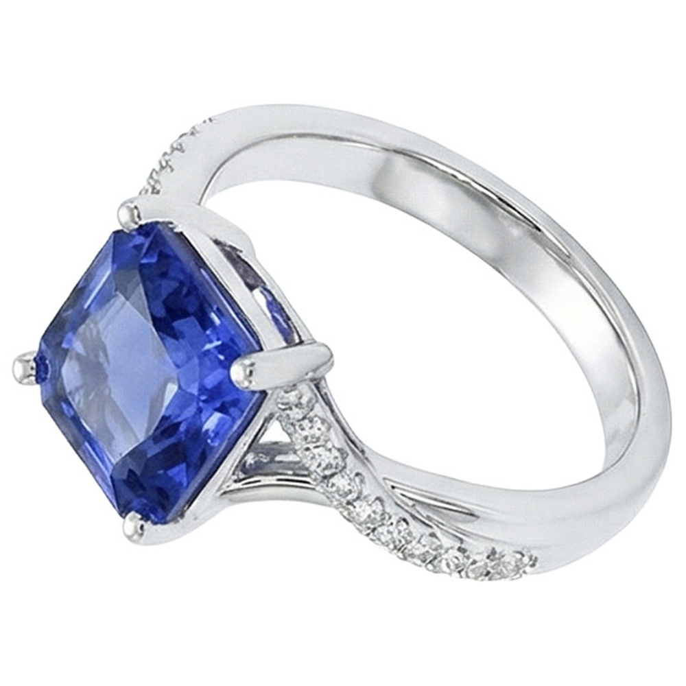 naturel asscher saphir 4.50carats bague détail rapproché