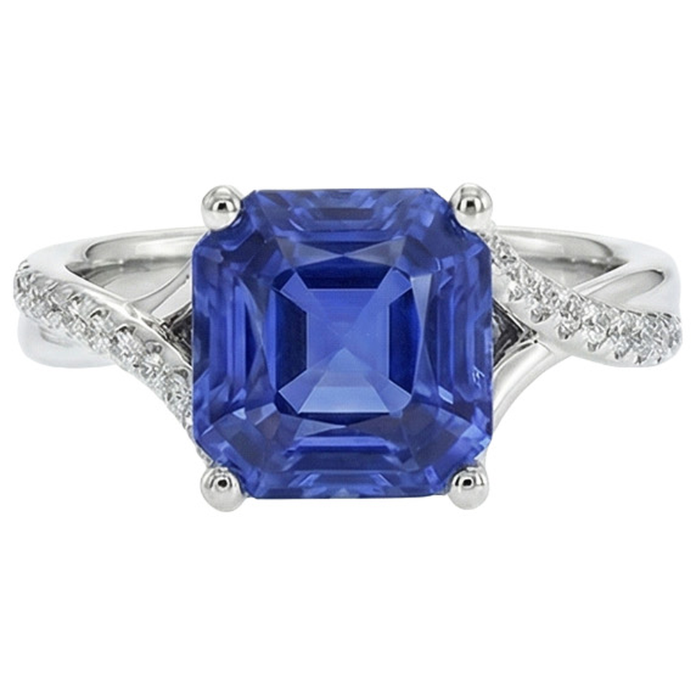 naturel asscher saphir 4.50carats bague angle de côté