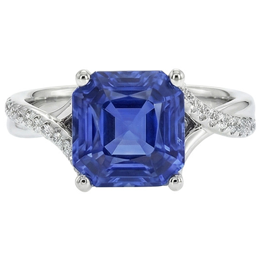naturel asscher saphir 4.50carats bague angle de côté