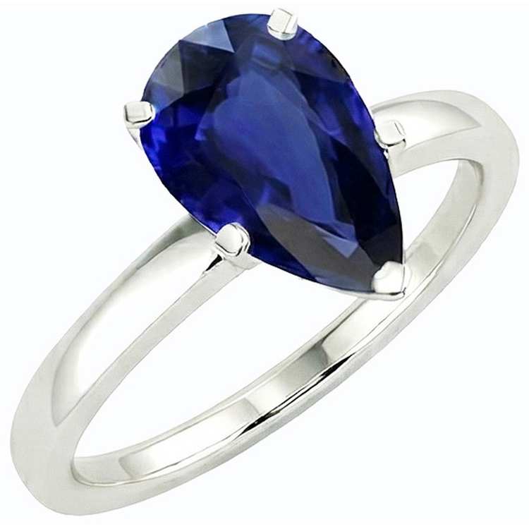 Bague Solitaire Saphir Bleu Foncé Or Blanc 14K Taille Poire 3 Carats