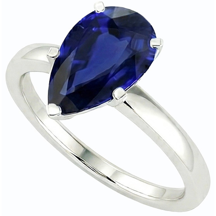 Bague Solitaire Saphir Bleu Foncé Or Blanc 14K Taille Poire 3 Carats