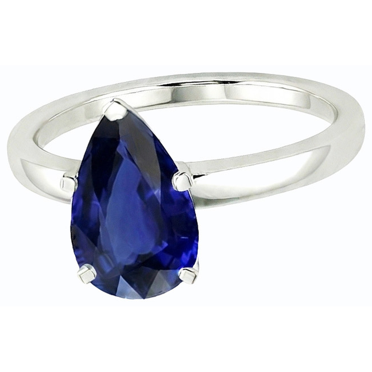 Bague Solitaire Saphir Bleu Foncé Or Blanc 14K Taille Poire 3 Carats