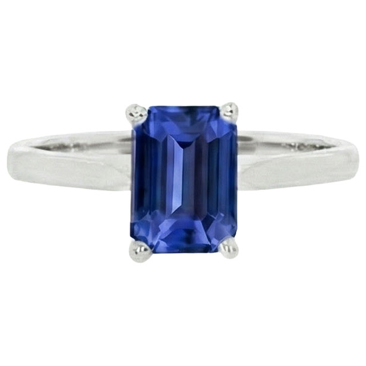 Bague Solitaire Saphir Bleu Naturel Sertie Griffe Emeraude 1.50 Carats
