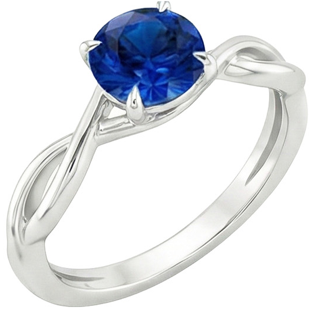 Bague Solitaire Saphir Bleu Pierre Gemme Tige Torsadée Or Blanc 2 Carats