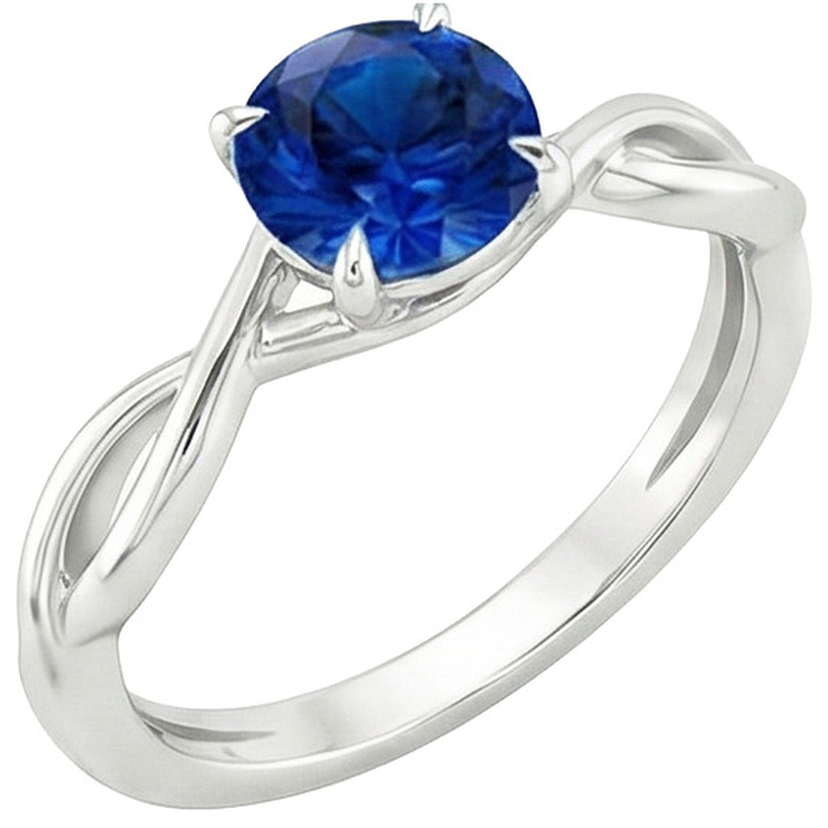 Bague Solitaire Saphir Bleu Pierre Gemme Tige Torsadée Or Blanc 2 Carats