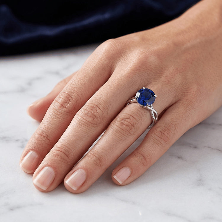 Bague Solitaire Saphir Bleu Pierre Gemme Tige Torsadée Or Blanc 2 Carats