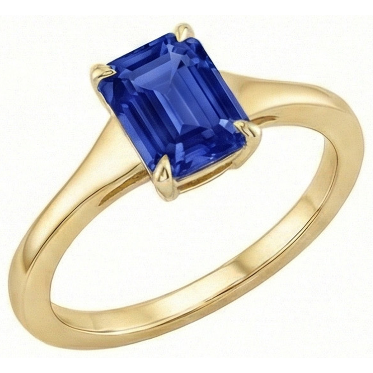 Bague Solitaire Saphir Bleu Taille Émeraude 3 Carats Or Jaune 14K