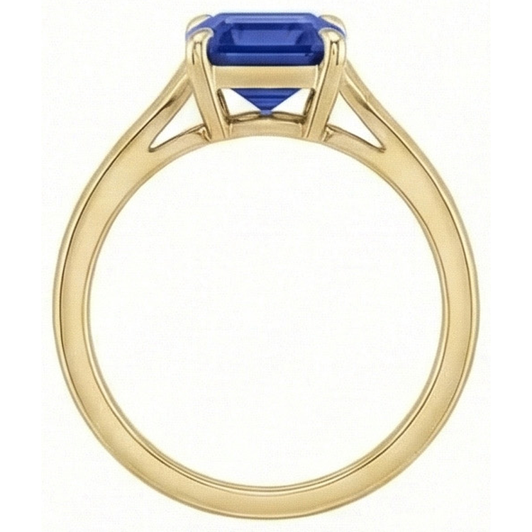 Bague Solitaire Saphir Bleu Taille Émeraude 3 Carats Or Jaune 14K