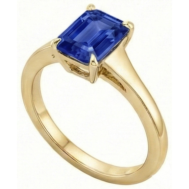 Bague Solitaire Saphir Bleu Taille Émeraude 3 Carats Or Jaune 14K