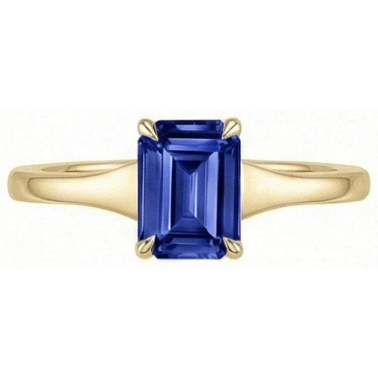 Bague Solitaire Saphir Bleu Taille Émeraude 3 Carats Or Jaune 14K