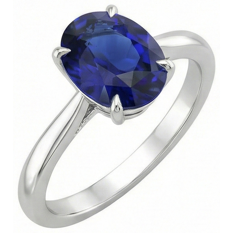 Bague Solitaire Saphir Bleu Taille Ovale 2 Carats Or Blanc 14K