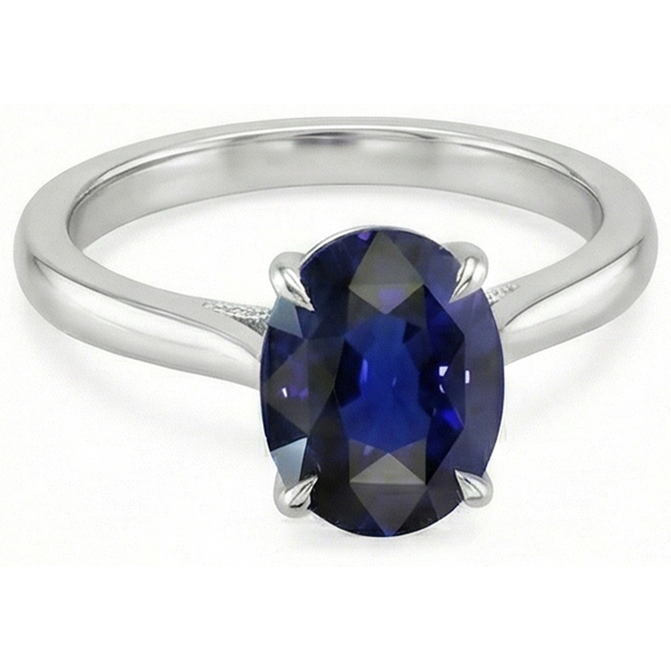 Bague Solitaire Saphir Bleu Taille Ovale 2 Carats Or Blanc 14K