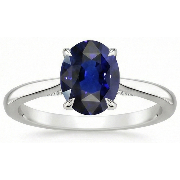 Bague Solitaire Saphir Bleu Taille Ovale 2 Carats Or Blanc 14K