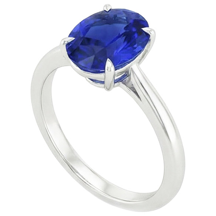 Bague Solitaire Saphir Bleu Taille Ovale Sertissage Griffe 3 Carats