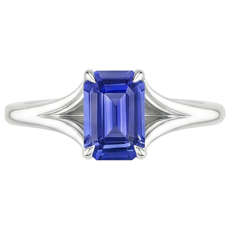 Bague Solitaire Saphir Sri Lankais 3 Carats Taille Emeraude Or Blanc 14K