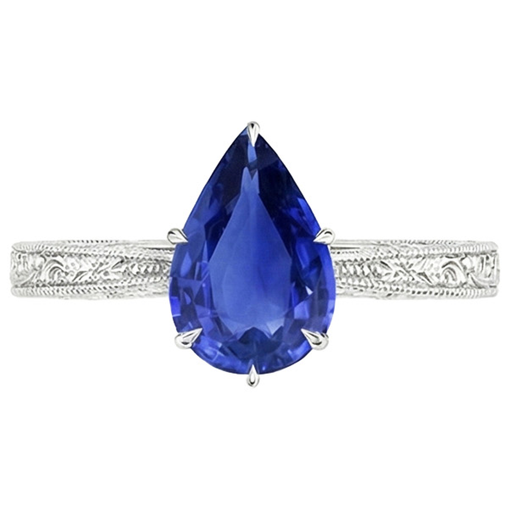 naturel pear saphir 2carats bague vue de profil
