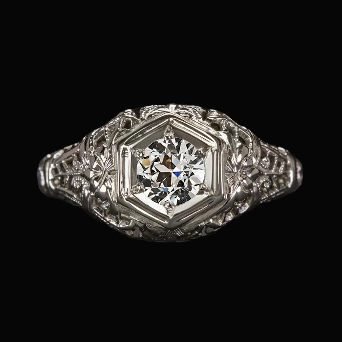 Bague Solitaire Style Antique Véritable Diamant Taille Ancienne 1.50 Carats Filigrane