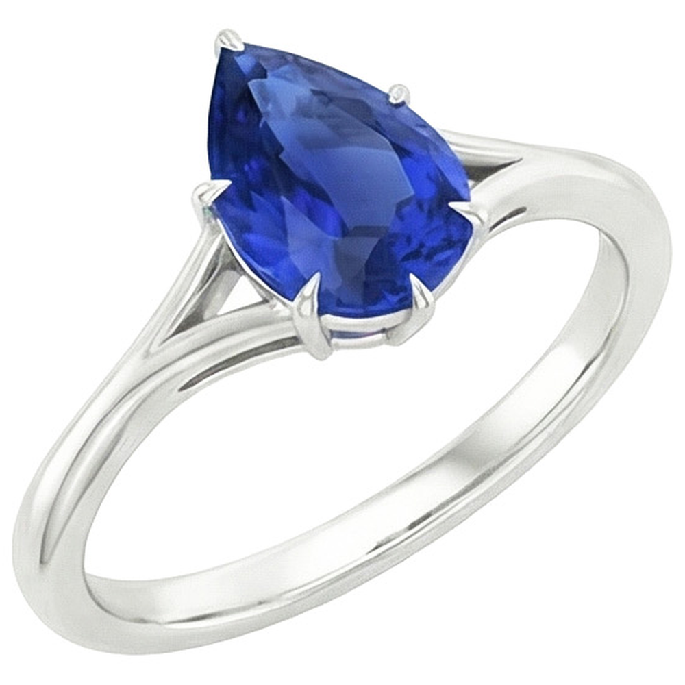 Bague Solitaire Tige Fendue Taille Poire Saphir Bleu 2.50 Carats