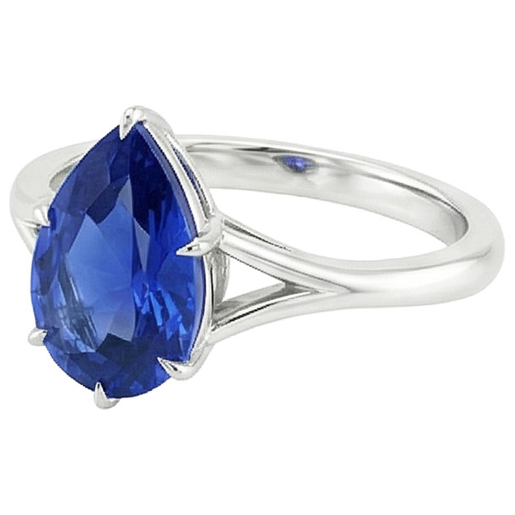 Bague Solitaire Tige Fendue Taille Poire Saphir Bleu 2.50 Carats