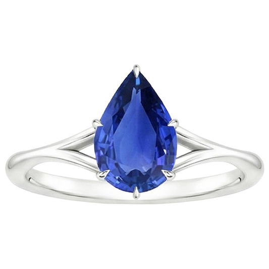 Bague Solitaire Tige Fendue Taille Poire Saphir Bleu 2.50 Carats