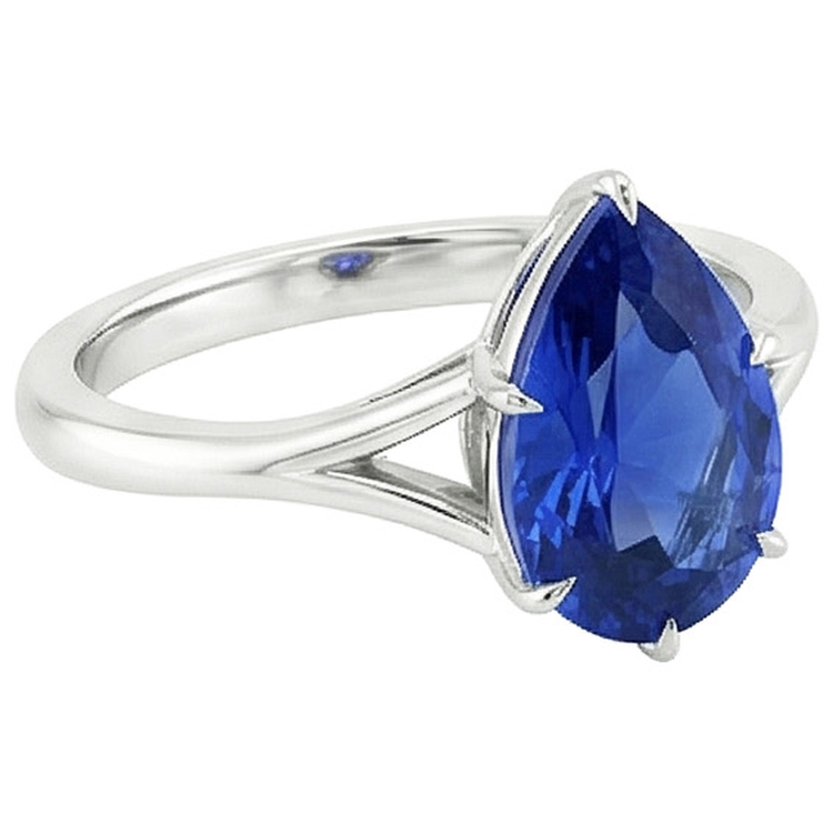 Bague Solitaire Tige Fendue Taille Poire Saphir Bleu 2.50 Carats