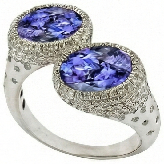 Bague Solitaire Toi et Moi Tanzanite Avec Accents Diamants Naturels Extraits des Mines ( et non cultivés en laboratoire ) 5.50 Carats