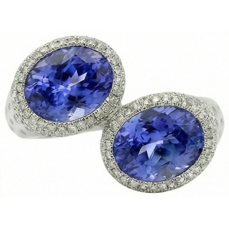 Bague Solitaire Toi et Moi Tanzanite Avec Accents Diamants Naturels Extraits des Mines ( et non cultivés en laboratoire ) 5.50 Carats
