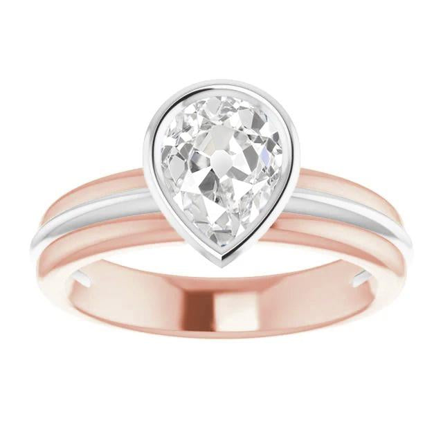 Bague Solitaire Véritable Diamant Européen Ancienne Poire Lunette sertie 2.20 Carats