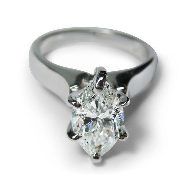 Bague Solitaire Véritable Diamant Or Blanc 14K 2 Carats Taille Marquise