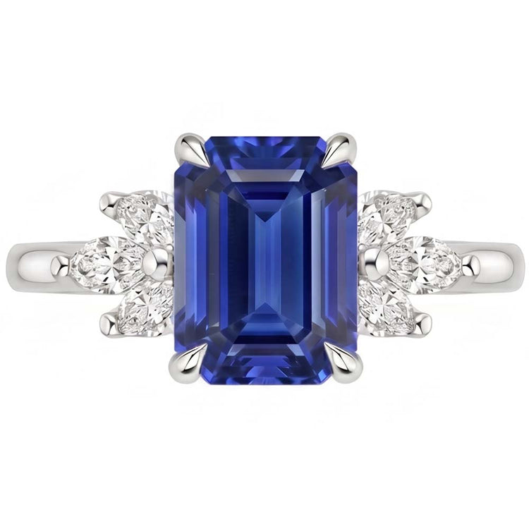 Bague Solitaire avec Accents Saphir du Sri Lanka & Pierre de Poire 4 Carats