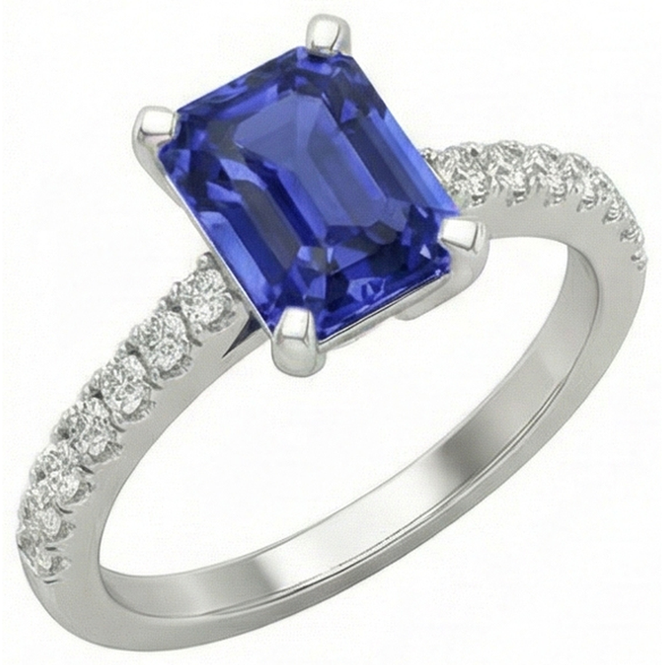 Bague Solitaire émeraude Saphir Bleu Profond Avec Accents 3 Carats