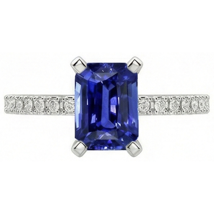 Bague Solitaire émeraude Saphir Bleu Profond Avec Accents 3 Carats