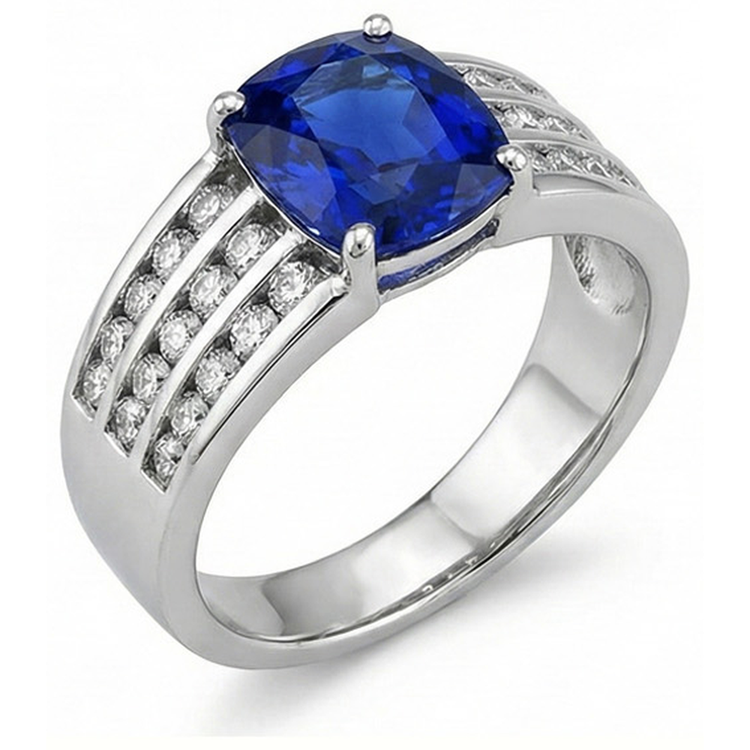 Bague Sri Lanka Coussin Saphir Avec Diamants Naturels Extraits des Mines ( et non cultivés en laboratoire ) Or 3.50 Ct Blanc 14K