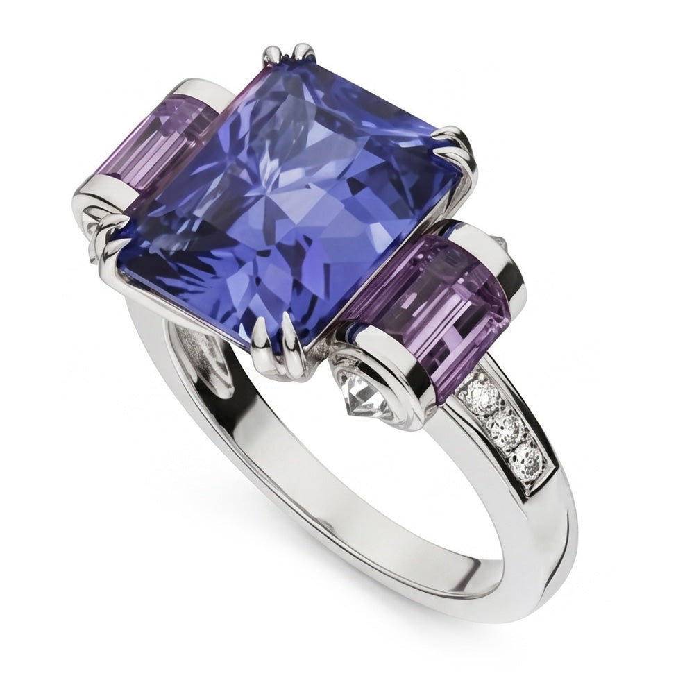 Bague Sri Lanka Saphir Améthyste Et Diamants Naturels Extraits des Mines ( et non cultivés en laboratoire ) 8 Carats Bijoux 14K