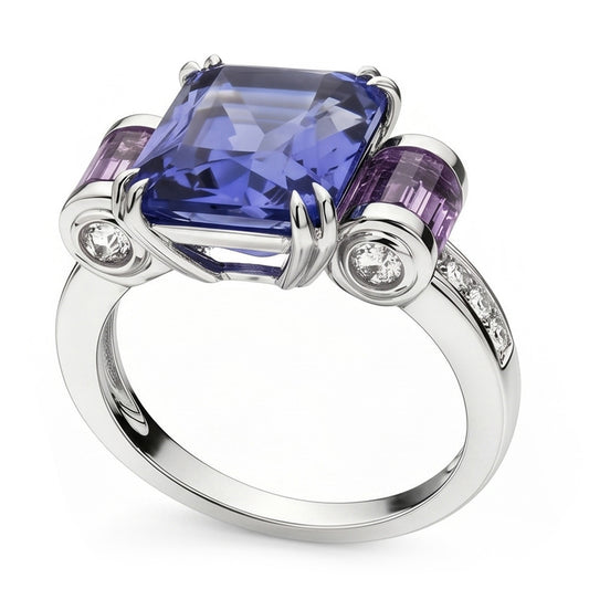Bague Sri Lanka Saphir Améthyste Et Diamants Naturels Extraits des Mines ( et non cultivés en laboratoire ) 8 Carats Bijoux 14K