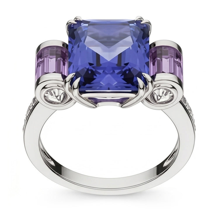 Bague Sri Lanka Saphir Améthyste Et Diamants Naturels Extraits des Mines ( et non cultivés en laboratoire ) 8 Carats Bijoux 14K