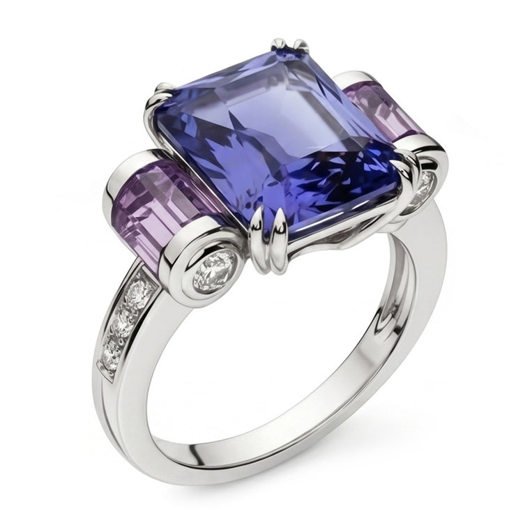 Bague Sri Lanka Saphir Améthyste Et Diamants Naturels Extraits des Mines ( et non cultivés en laboratoire ) 8 Carats Bijoux 14K