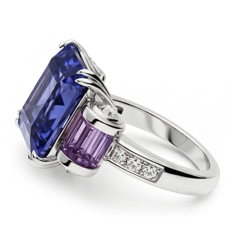 Bague Sri Lanka Saphir Améthyste Et Diamants Naturels Extraits des Mines ( et non cultivés en laboratoire ) 8 Carats Bijoux 14K