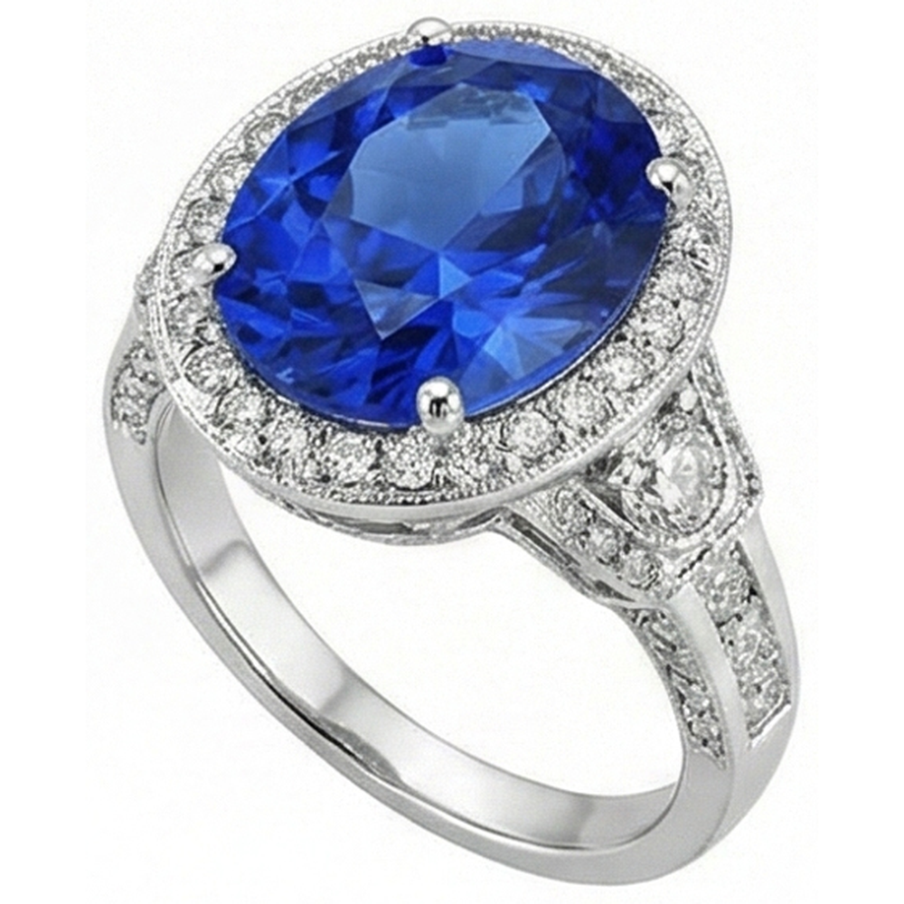 Bague Sri Lanka Saphir Bleu Diamants Naturels Extraits des Mines ( et non cultivés en laboratoire ) 5.33 Carats Or Blanc 14K Neuf