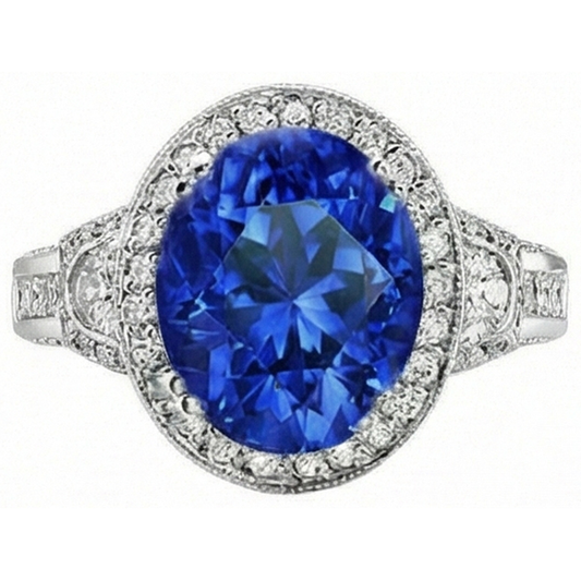 Bague Sri Lanka Saphir Bleu Diamants Naturels Extraits des Mines ( et non cultivés en laboratoire ) 5.33 Carats Or Blanc 14K Neuf