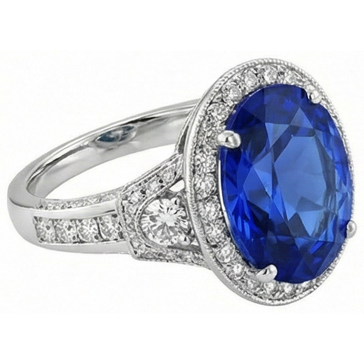 Bague Sri Lanka Saphir Bleu Diamants Naturels Extraits des Mines ( et non cultivés en laboratoire ) 5.33 Carats Or Blanc 14K Neuf