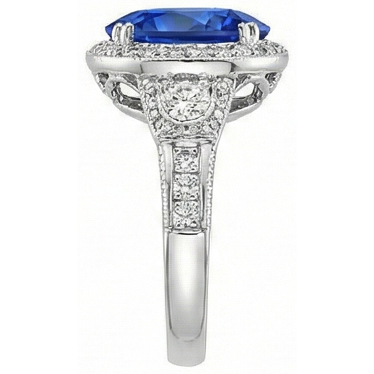 Bague Sri Lanka Saphir Bleu Diamants Naturels Extraits des Mines ( et non cultivés en laboratoire ) 5.33 Carats Or Blanc 14K Neuf