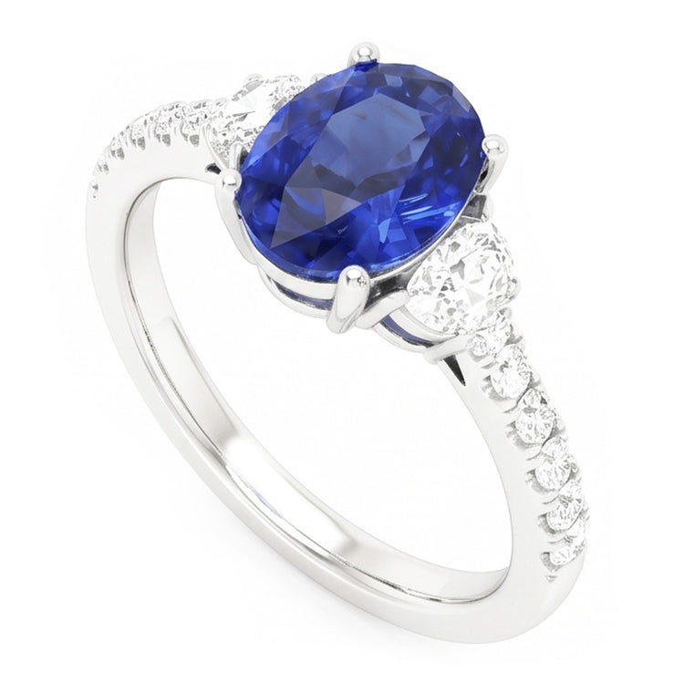 Bague Style 3 Pierres Saphir Bleu Ovale 6.75 Carats Or Blanc Véritable