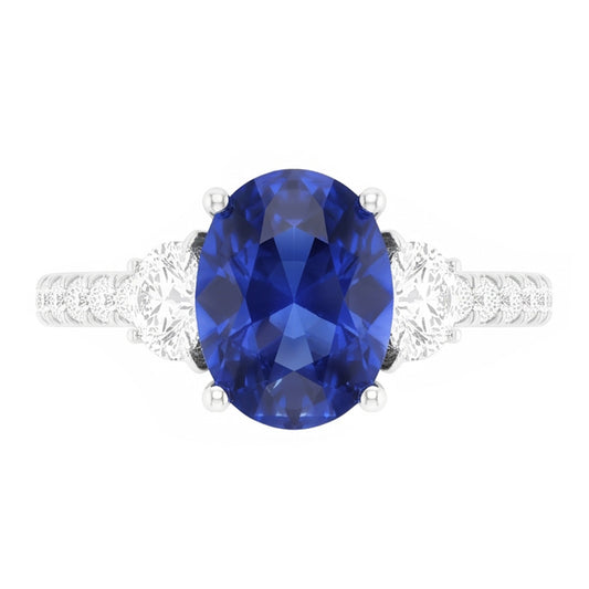 Bague Style 3 Pierres Saphir Bleu Ovale 6.75 Carats Or Blanc Véritable