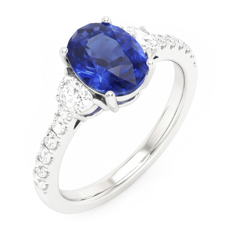 Bague Style 3 Pierres Saphir Bleu Ovale 6.75 Carats Or Blanc Véritable