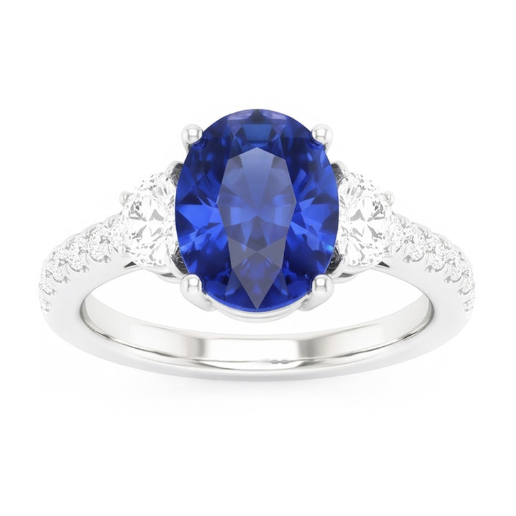 Bague Style 3 Pierres Saphir Bleu Ovale 6.75 Carats Or Blanc Véritable